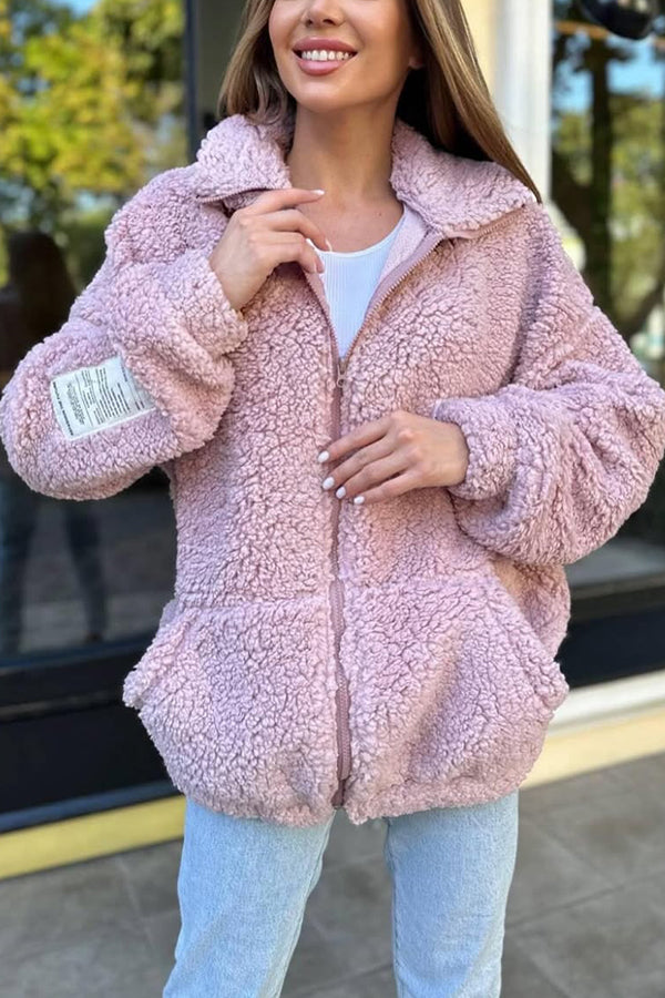 Solid Color Casual Long Sleeve Zipper Pocket Loose Jacket