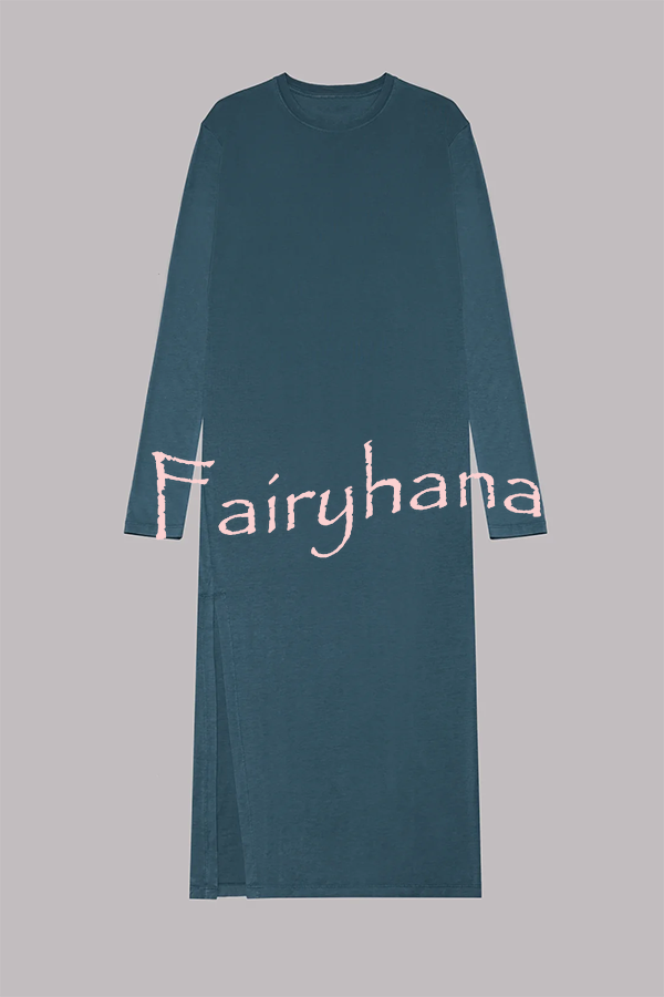 The Bedisse Cotton Blend Long Sleeve Relaxed Slit Midi Dress
