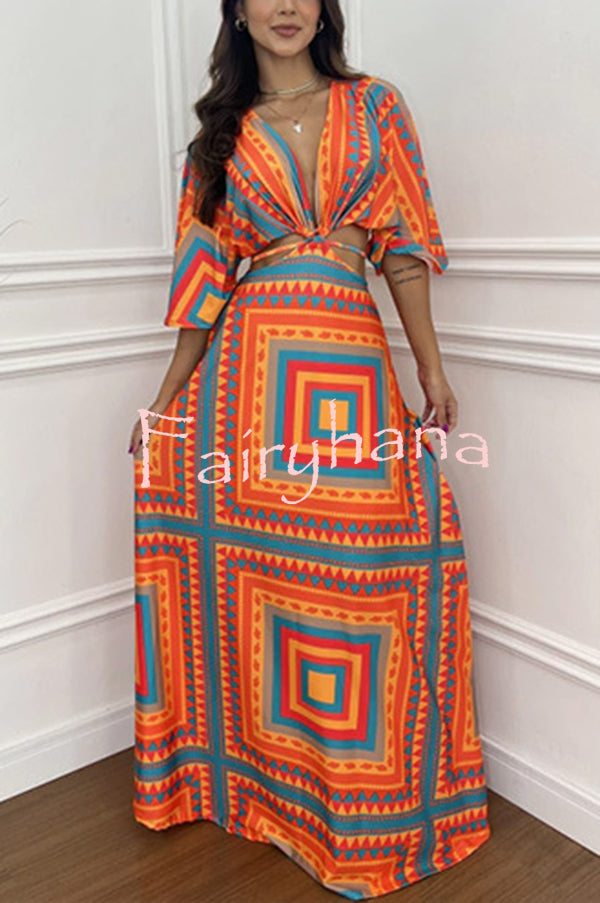 Wilma Unique Print Cutout Elastic Waist Tie-up Kimono Sleeve Maxi Dress