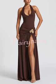 Solid Color Halter Neck Backless Slim Fit Pleated Slit Maxi Dress