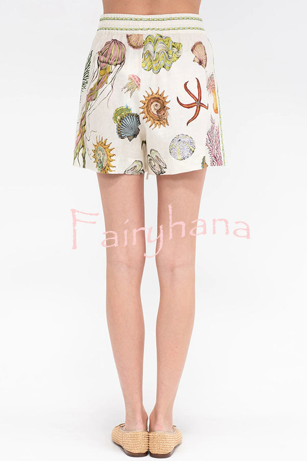 Beach Shell Print Short Sleeve Loose Shirt and Elastic Waist Tie Casual Pocket Shorts Set
