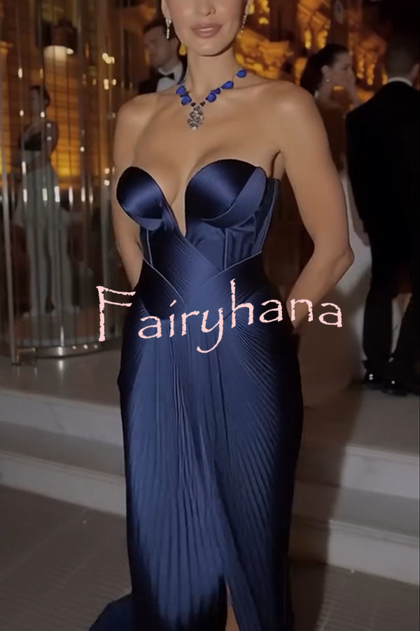 Stunning The Audience Plissé Satin Off Shoulder Drape Slit Gown Maxi Dress