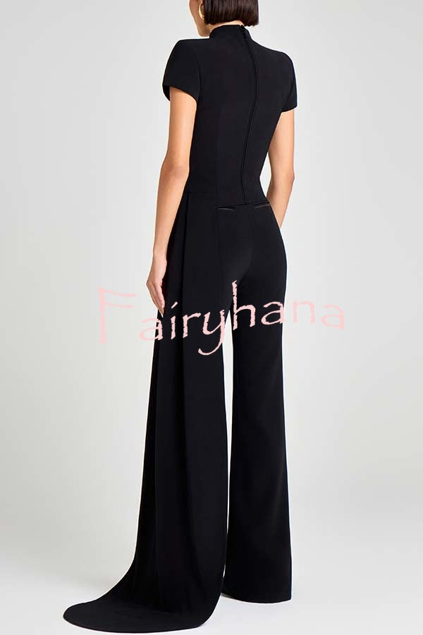 Pippa High Neck Short Sleeve Irregular Drape Hem Top and Elastic Waist Flare Pants Set