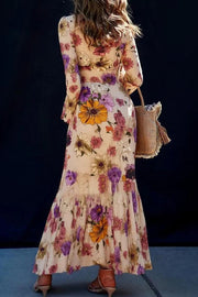 Floral Print Elegant Long Sleeve Fitted Ruffle Maxi Dress