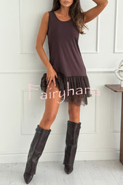 Breezy City Tulle Lace Tiered Hem Stretch Tank Mini Dress