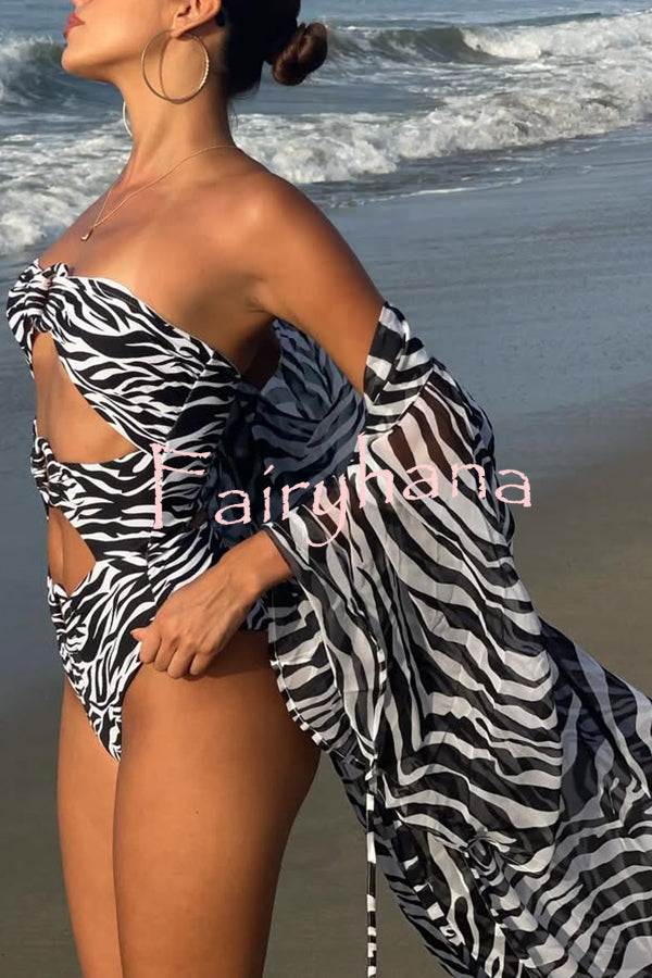 Marsie Zebra-print Ring Cutout Details Off Shoulder Stretch One-Piece Swimsuit