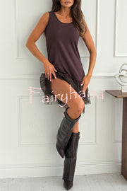 Breezy City Tulle Lace Tiered Hem Stretch Tank Mini Dress