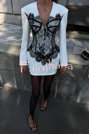 Saela Contrast Lace Corset Design V-neck Long Sleeve Tulip Mini Dress