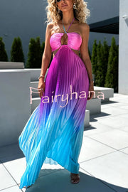 Get Ready Beautiful Gradient Print Cutout Halterneck Pleated Maxi Dress