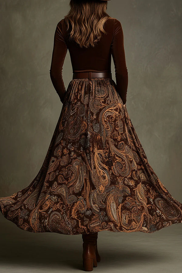 Stylish Velvet Long-sleeved Fitted Top and Unique Printed Casual Pocket Maxi Skirt Set