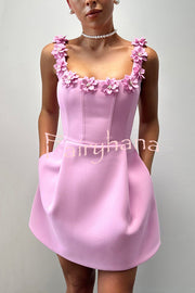 Cindy Faux Pearl Flower Applique Square Neck Pocketed Mini Dress