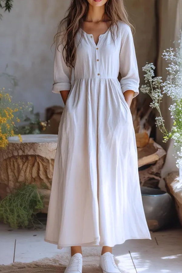 Linen Blend Crew Neck Long Sleeve Casual Pocket Holiday Maxi Dress