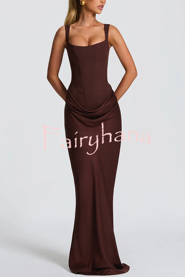 Larrah Square Neck Back Lace-up Satin Drape Hem Maxi Dress