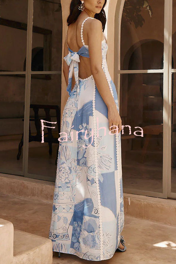 Terazza Ric Rac Trims Unique Print Back Tie-up Slip Flared Maxi Dress