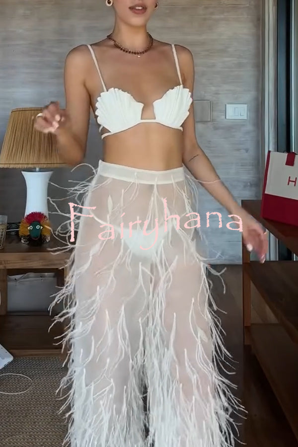 Braylie Sheer Tulle Tiered Feather Trim High Rise Wide Leg Pants
