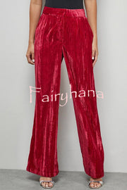 Solid Color Velvet Long-sleeved Waist Tie Top and Elastic Waist Casual Pocket Straight-leg Pants Set