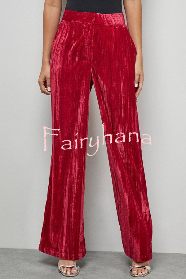 Solid Color Velvet Long-sleeved Waist Tie Top and Elastic Waist Casual Pocket Straight-leg Pants Set