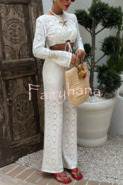 Solid Color Hollow Short Long-sleeved Top and Casual Stretch Wide-leg Pants Knitted Set