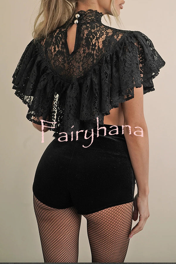 Avina Lace Bow Detail High Neck Cascading Ruffles Cropped Cape Top