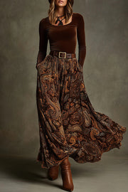 Stylish Velvet Long-sleeved Fitted Top and Unique Printed Casual Pocket Maxi Skirt Set
