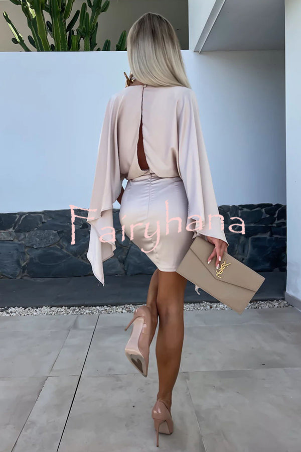 Beautiful Wings Satin Butterfly Sleeves Elastic Waist Formal Mini Dress