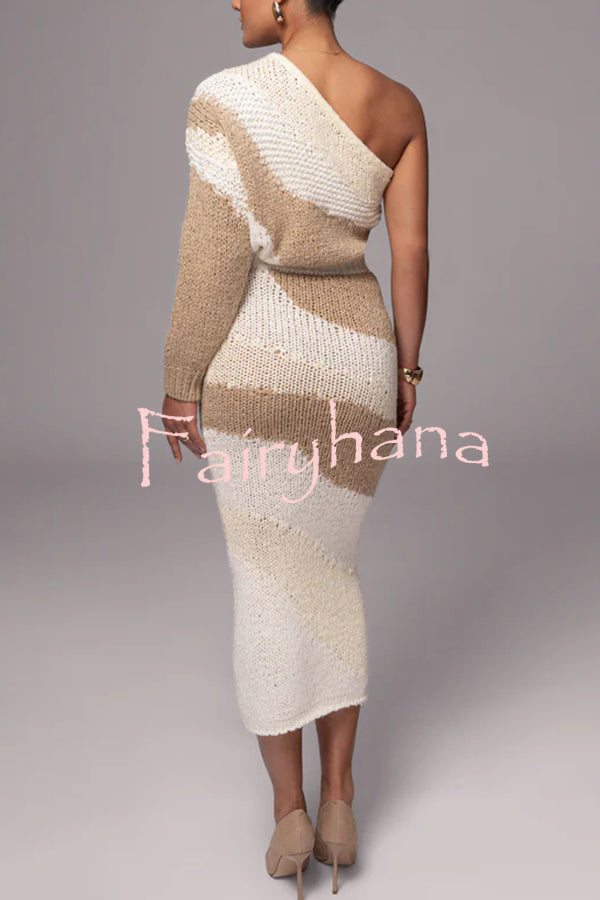 Soft Autumn Knit Colorblock One Shoulder Sleeve Ribbed Trim Loose Sweater