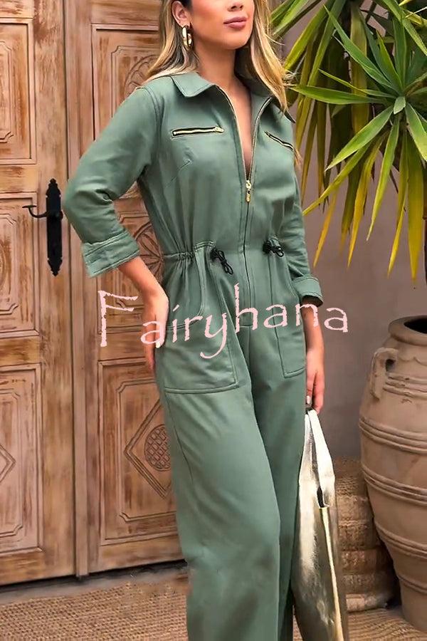 Street Glamour Zipper Stand Collar Drawstring Waist Pocket Loose Jumpsuit