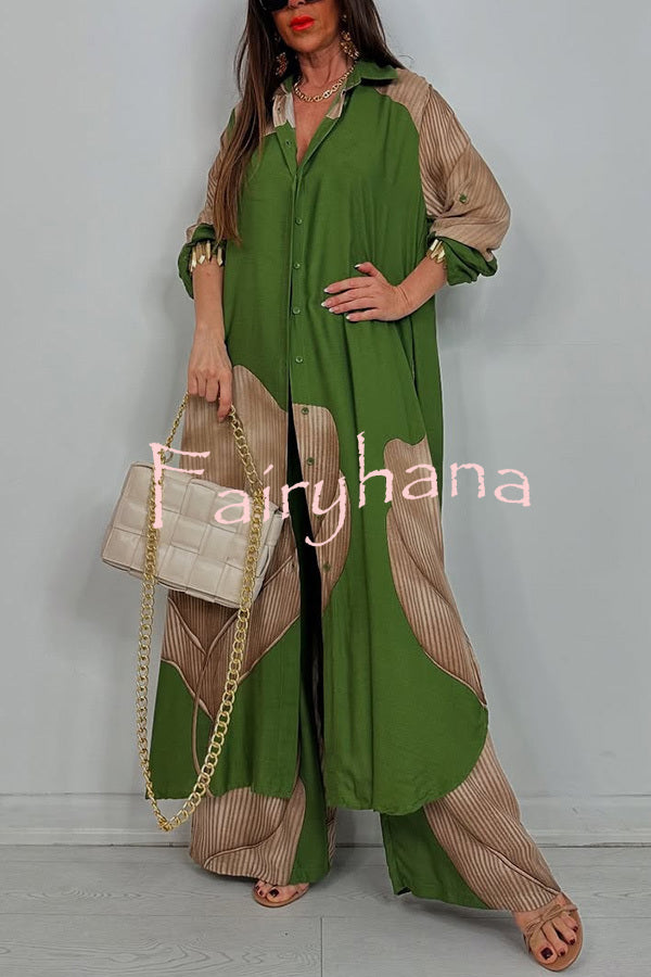 Unique Printed Casual Loose Long Shirt and Elastic Waist Pocket Wide Leg Pants Set