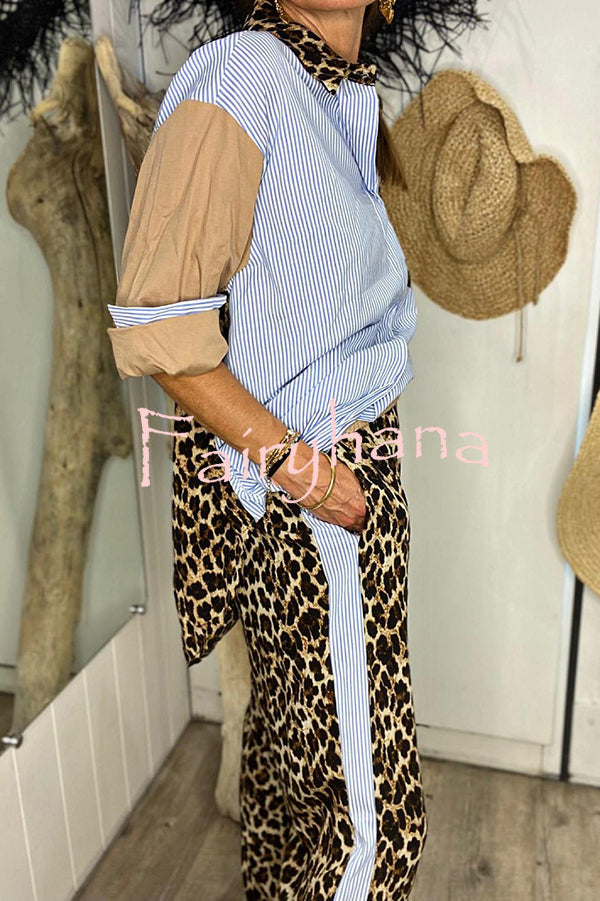 Leopard Print Patchwork Long-sleeved Loose Shirt and Elastic Waist Casual Pocket Wide-leg Pants Set