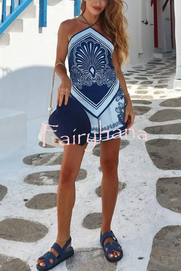 Jiya Linen Blend Unique Print Halter Scarf Tank and Elastic Waist Pocket Shorts Set