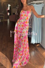 Floral Print Elegant Strapless Fitted Slit Maxi Dress
