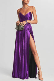 Goddess Temperament Metallic Pleated Fabric Off Shoulder Slit Maxi Dress