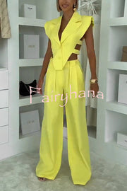 Fashion Style Lapel Waist-baring Irregular Vest and  Elastic Waist Pocket Loose Pants Set