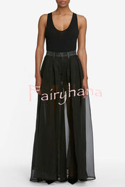 Avant-garde Fashion Denim Flowing Organza Patchwork Pocketed Wide Leg Jeans