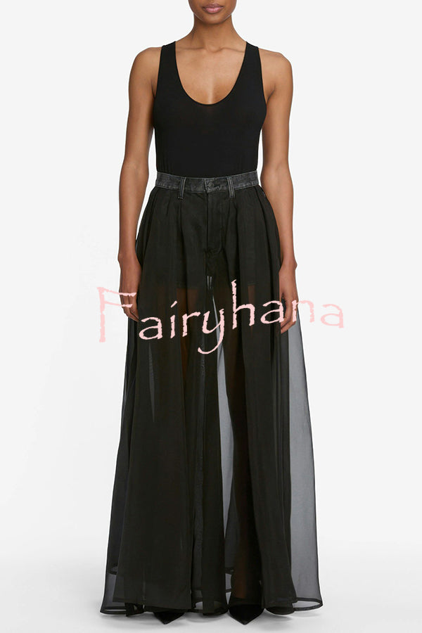Avant-garde Fashion Denim Flowing Organza Patchwork Pocketed Wide Leg Jeans