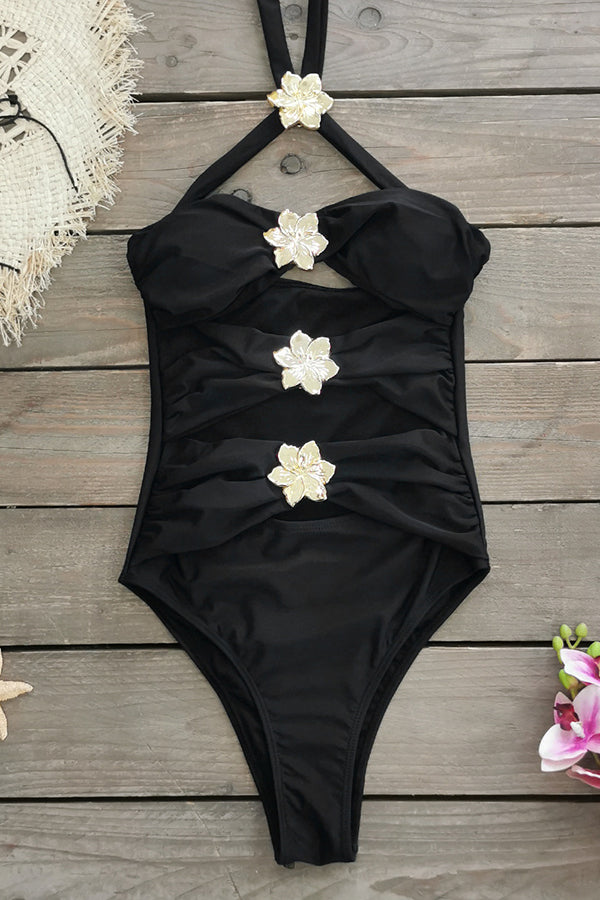 Sun and Sea Hollow Metal Flower Decoration Stretch One-piece Swimsuit