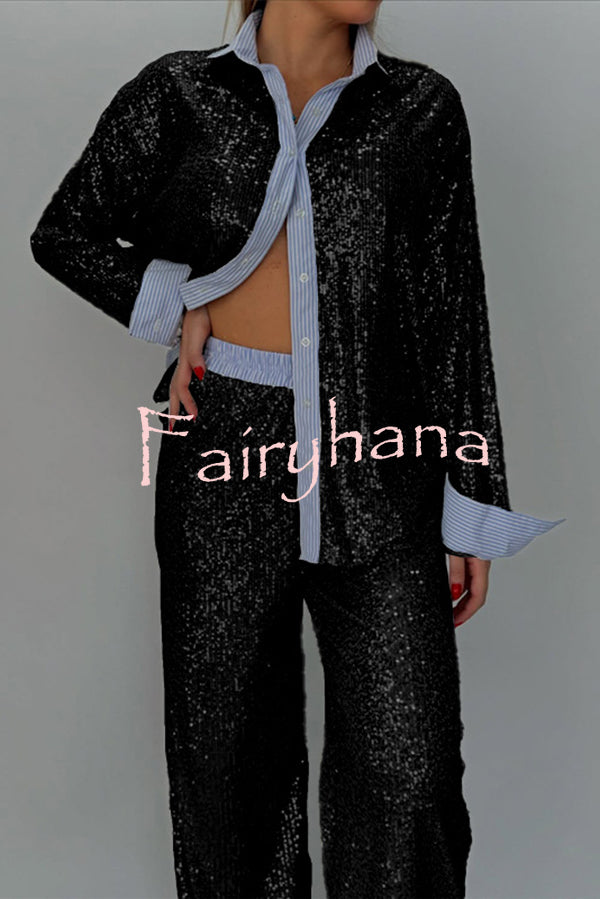 Fashion Sequined Loose Long-sleeved Shirt and Casual Elastic Waist Wide-leg Pants Set