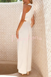 Solid Color Resort Style Halter Neck Waist Pocket Wide Leg Jumpsuit