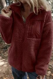 Solid Color Faux Cashmere Zip-up Pocket Casual Jacket