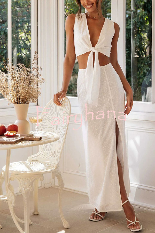 Solid Color Hollow Embroidery V-neck Lace-up Top and Slit Maxi Skirt Set