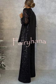 Party Scene Sequin Open Front Long Sleeve Drape Coat