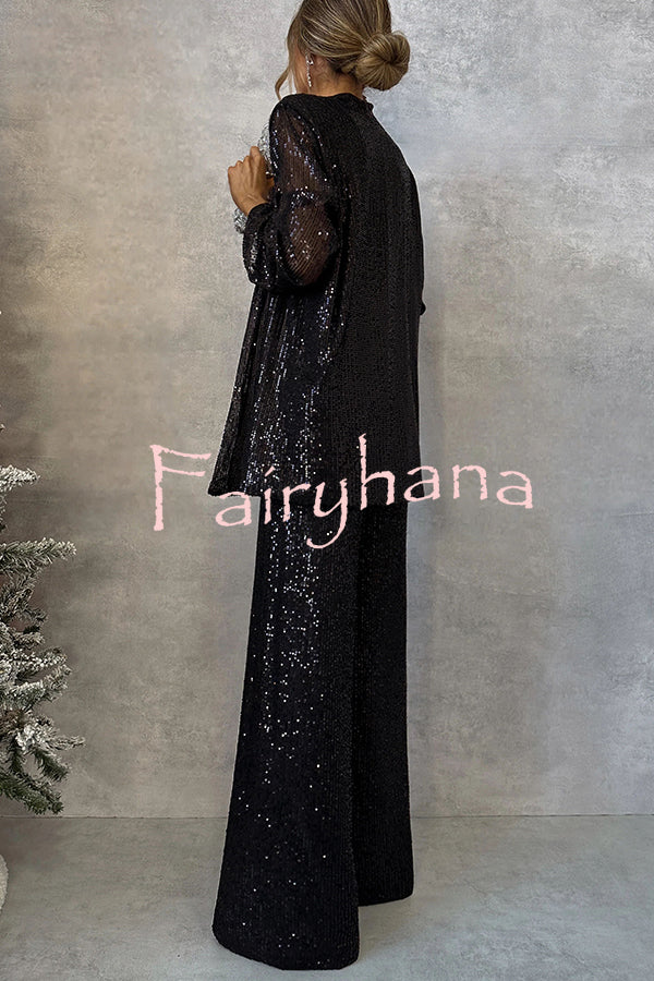 Party Scene Sequin Open Front Long Sleeve Drape Coat