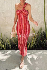 Colorful Zigzag Pattern Lace One-shoulder Slim Vacation Midi Dress