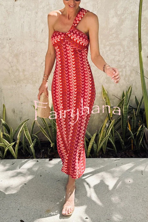 Colorful Zigzag Pattern Lace One-shoulder Slim Vacation Midi Dress