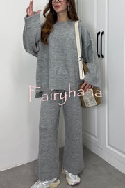 Solid Color Loose Long-sleeved Knit Top and Elastic Waist Casual Straight Leg Pants Set