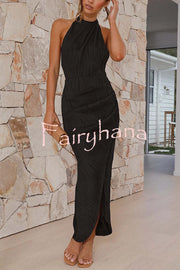 Zephyr Pleated Textured Fabric Halter Neck Backless Slit Maxi Dress