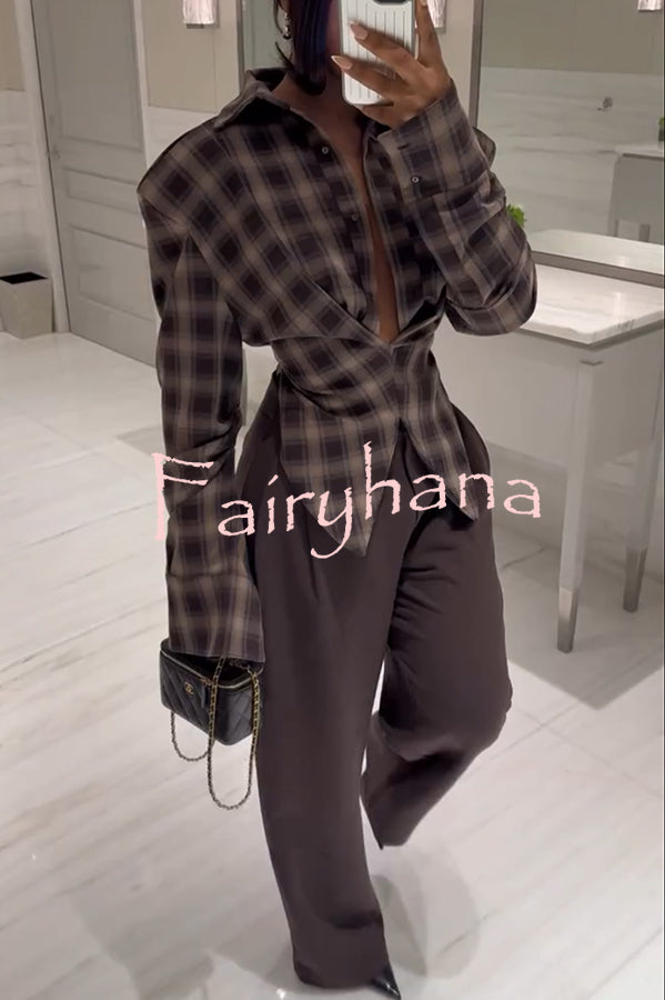 Vintage Plaid Shoulder Pad Buttons Long Sleeve Angled Hem Shirt