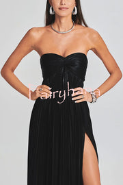 Metallic Sexy Tube Top Pleated High Slit Maxi Dress