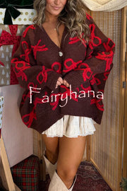 Santa Baby Knit Bow Color Block Button Up Long Sleeve Oversized Fit Cardigan