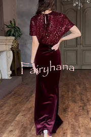Elegant V-neck Sequined Velvet Stitching Sexy Slit Maxi Dress